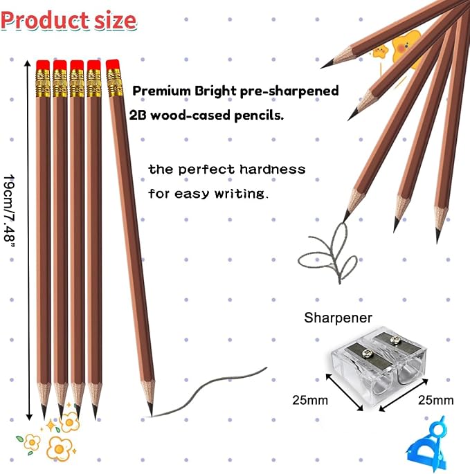 Adhere 25pcs Woodcase Pencils with Eraser Premium Pre-Sharpened Hexagon Graphite 2B pencils ideal for home, office writing including a Free Sharpener (Brown・25pcs)