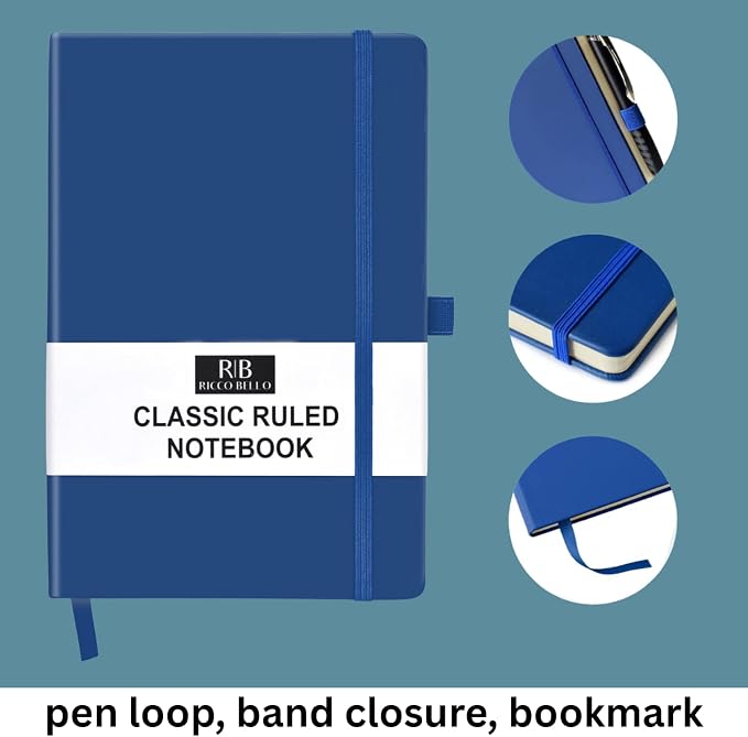 RICCO BELLO Lined Journal Notebook, Royal Blue, 5.7 x 8.4-Inches | Faux Leather Hardcover, Pen Holder, College Ruled, 96 Sheets / 192 Pages, For Work & Notes