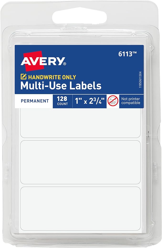 Avery Multi-Use Permanent Labels, 1" x 2.75", White, Non-Printable, 128 Blank Labels Total (6113)