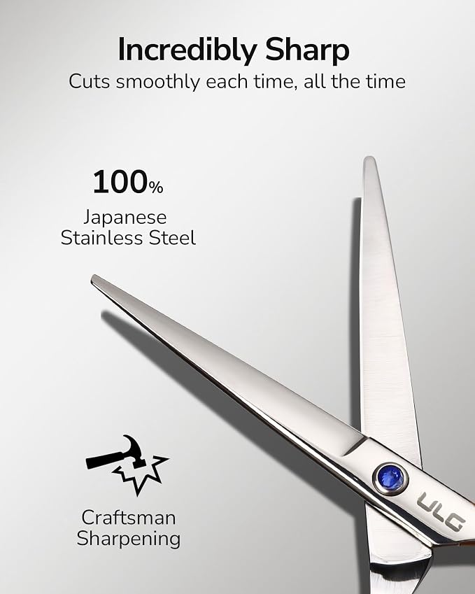 Hair Cutting Scissors, ULG Professional Hair Scissors 6.5” Right-Hand Razor Edge Barber Shears with Leather Case Salon Hair Cutting Shears Made of Japanese Stainless Steel, Hand Sharpened Blue