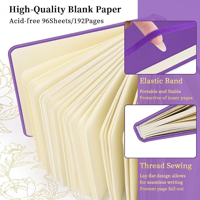 5x5" Pocket Sketch Book,80gsm Hardcover Art Sketchbook for Drawing Journal | PU Cover,Blank Paper,96Sheets/192Pages,Lay-Flat,Portable Travel Creation Paint Diary Memo Planner,Dry Media.Purple
