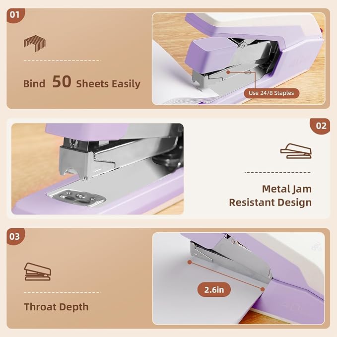 Deli Stapler, Effortless Staplers for Desk, 3 Pack, 3 Colors | 40-50 Sheet Capacity Heavy Duty, One Touch, No Effort, Easy to Load, With 4500 Staples & Staple Removers