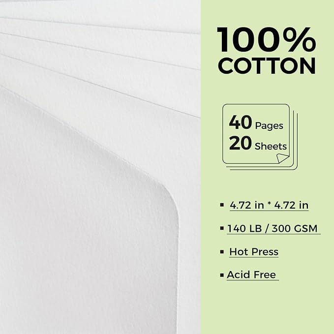 Watercolor Journal - 100% Cotton Hot Press Paper | 20 Sheets 40 Pages | 300GSM (140lb) | Linen Cotton Cover Watercolor Sketch Books for Artists Painting,Mixed Media 4.72 x 4.72 in
