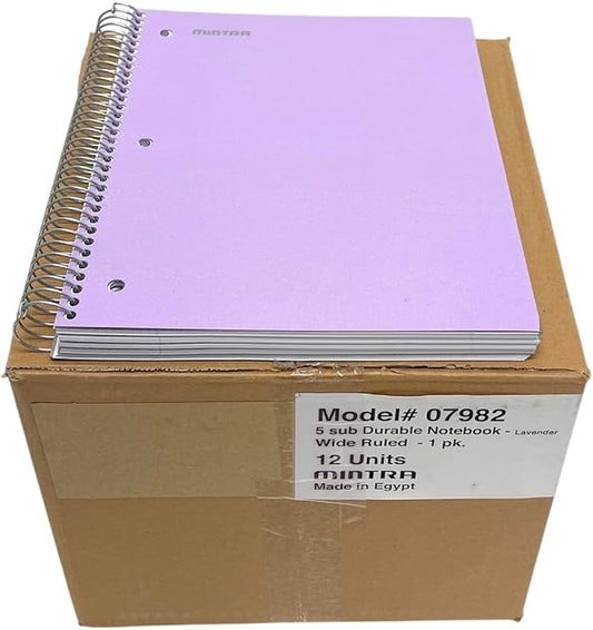 Mintra Office Durable Spiral Notebooks, 5 Subject (Lavender, Wide Ruled 12pk)