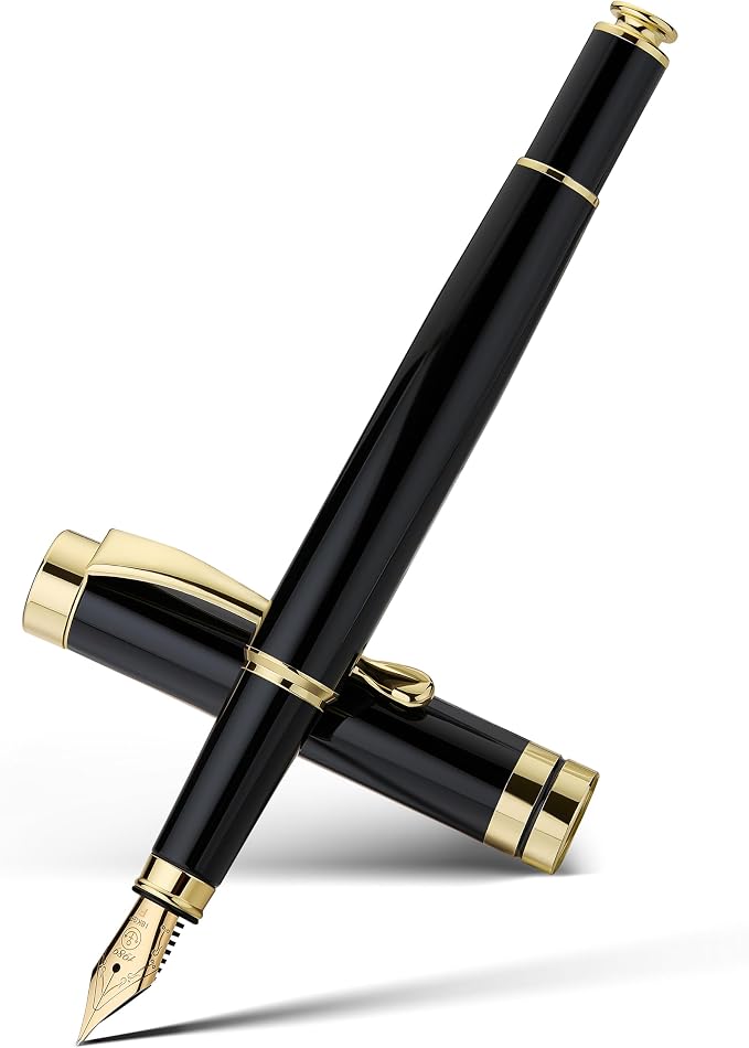 MCNTEIK Fountain Pen-Luxury Black and Gold Finish, 18K Gilded Nib(Fine), Smooth Ink Flow, Complete Set with 4 Black Ink Cartridges, Converter & Gift Box-Ideal for Professionals, Office, Journaling