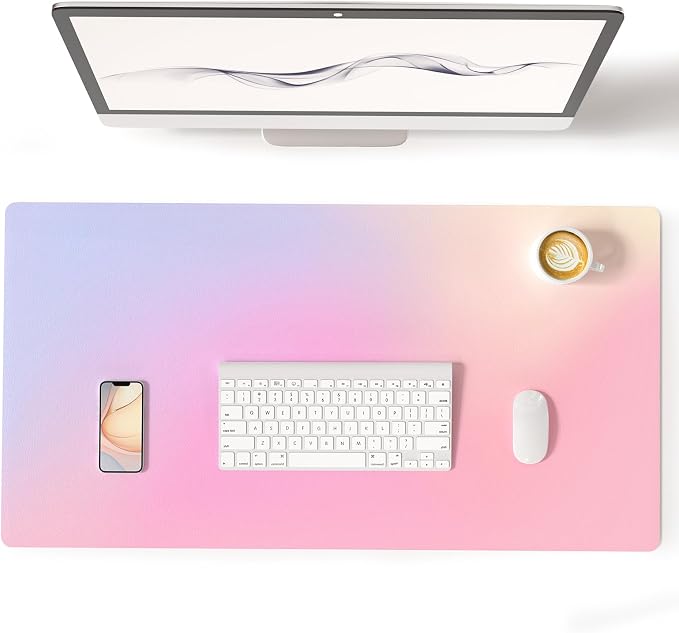 Colorful Star Large Mouse Pad Pink Aesthetic, 31.5 x 15.7 in | Cute Girly Desk Mat PU Leather Laptop Mat, Waterproof Non-Slip Desk Mat for Office Accessories Women& Girl