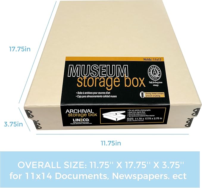 Lineco Museum Archival Storage Box, Drop Front, 11.75x17.75x3.75 in, Tan | Acid-Free with Metal Edge, Preserves Picture Longevity, Organize Photos, Newspapers, Prints, Documents, Crafts, DIY