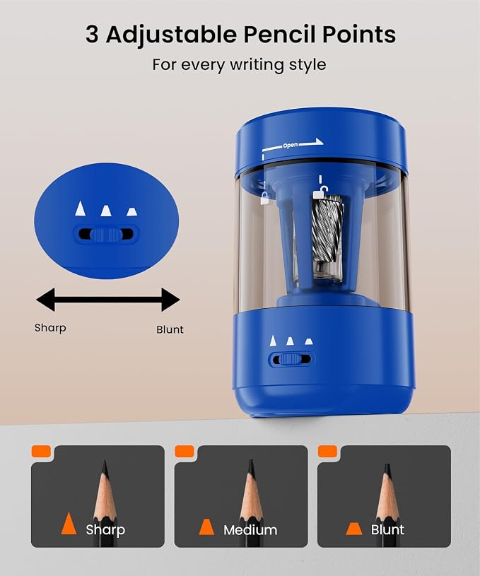 Electric Pencil Sharpener for Classroom, Fully Automatic Pencil Sharpener for 6-8mm Pencils & Colored Pencils, Auto in & Out Type-C Rechargeable Pencil Sharpeners for Home, School, Dark Blue