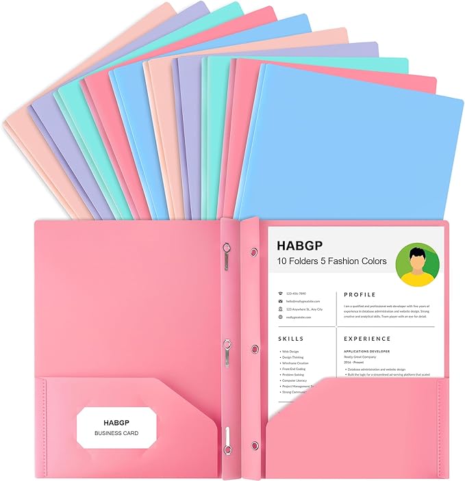 2 Pocket Folder with Prongs (10 Pack, Pastel), Plastic Folders with Pockets | Pastel Colors, Business Card Holder, Fit Letter Size, Organizing Papers, in School, Office, Business