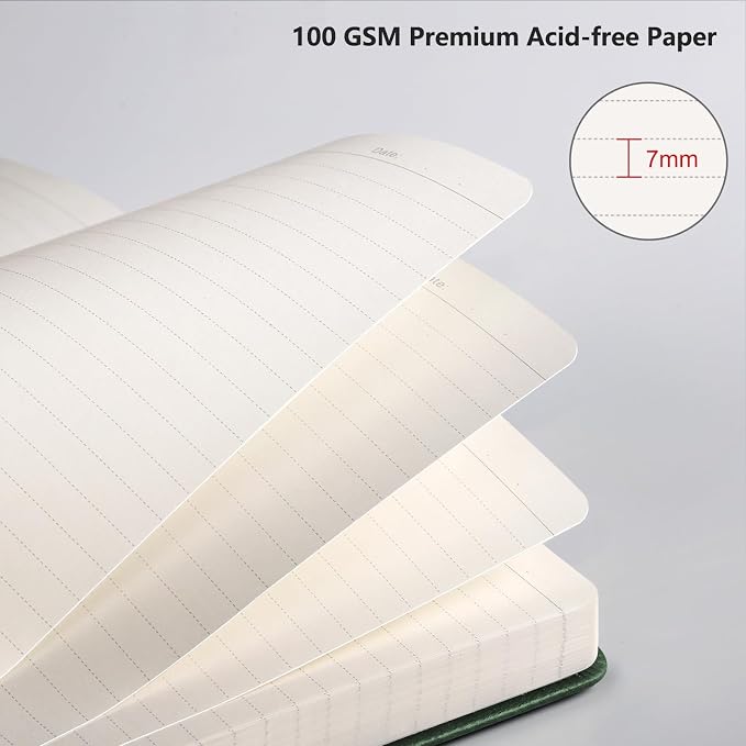 AHGXG Lined Journal Notebook, 192 Numbered Pages, A5 Size (5.7'' x 8.3'') | College Ruled Notebook for Men & Women, Writing, Work & Office, Leather Hardcover, 100 GSM Thick Paper (Dark green)