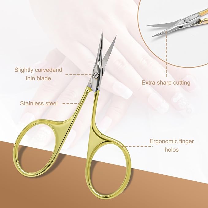 CGBE Cuticle Scissors, Extra Fine Curved Eyebrow Scissors, Gold | Stainless Steel, Round Handle, Precise Pointed Tip, Hangnail And Dry Skin Trimming, Russian Manicure Care