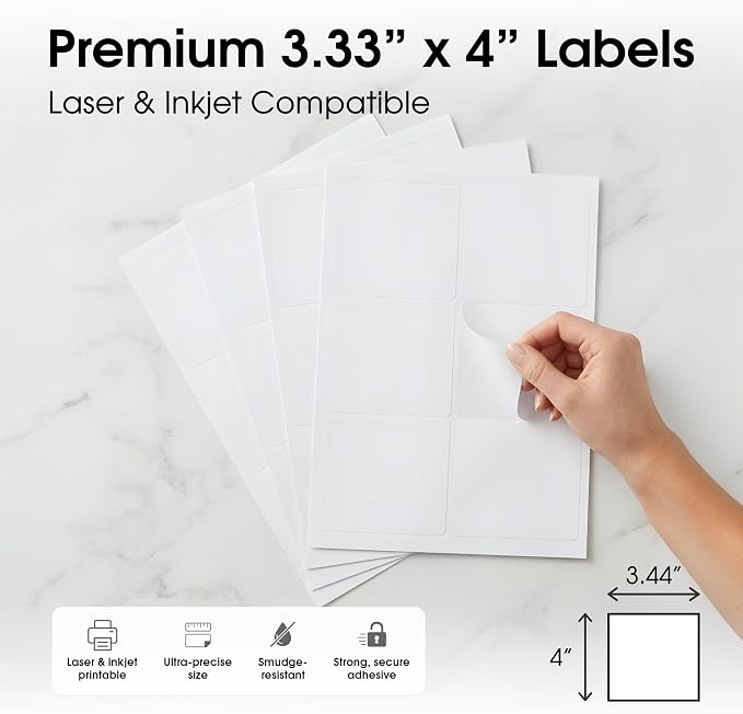 4" X 3.33" Matte White Printable Shipping Labels (250 Sheets, 1500 Stickers) Address and Mailing Labels for Laser & Inkjet Printers - Spartan Industrial Template R015