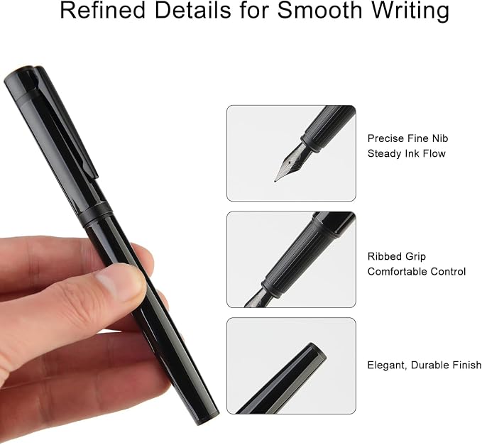 Fountain Pen Set, Elegant Executive Fine Nib Pen with Ink Converter, Refill Tool, Black & Assorted Cartridges, Bottled Ink, Gift for Journaling, Writing, Office and Beginners (All Black)