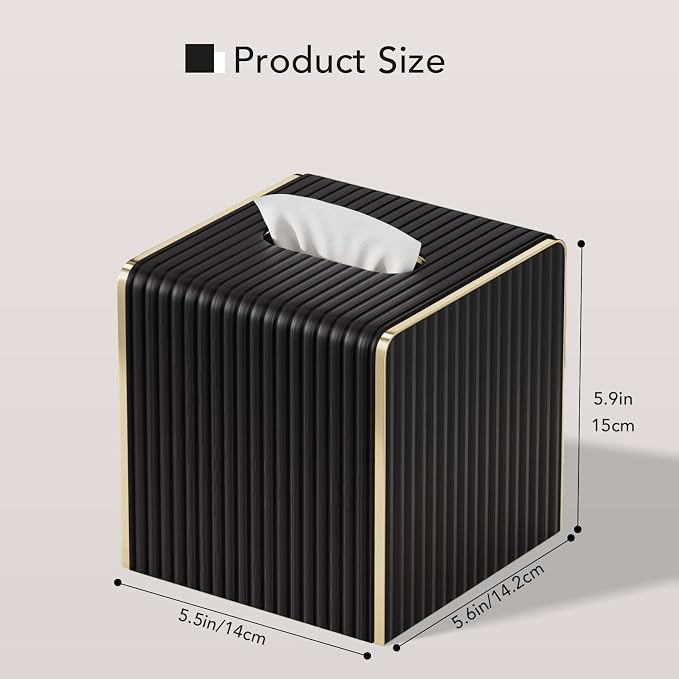 Tissue Box Cover,Black Square Luxury PU Leather Tissue Holder with Gold-Tone Edging Accents,Tissue Box Cover for Bathroom Toilet Bedroom Living Room Table Desk Office,Coffee Table Decor