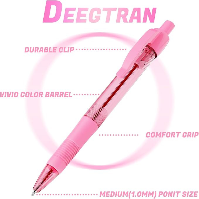 deegtran Pens Bulk, 30 Pack No Bleed Pink Ink Click Pens with Soft Grip, Wholesale Retractable Ballpoint Pens for Office School, Medium Point Smooth 1.0MM