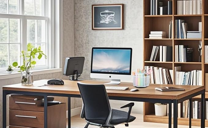 Exerz Desk Organizer 360 Rotating Pen Holder 5 Compartments Caddy White | Smooth Spinning Base with Open Mesh Sections Easy Access to Pens Brushes Scissors Daily Desk Tools