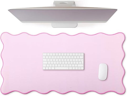 Hahafelt Scalloped Desk Mat Large Desk Pad Cute Coquette Table Mat Back to School Preppy Table Make up Pad Nonslip Graduation Gift with Stitching Waterproof Gaming(Pink,31.5 x 15.8 Inches)