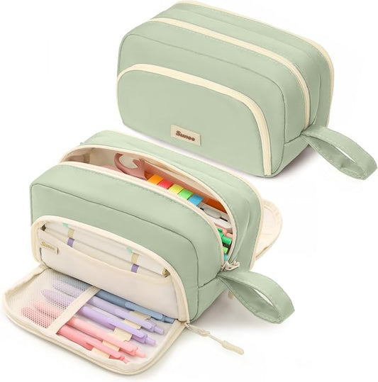 SUNEE Cute Pencil Case, Aesthetic Pen Pouch with 3 Compartments, Kawaii Colored Large Pencil Bag with Zipper, Stationery Storage and Organizer, Green School Supplies for Teen and Adult Girls