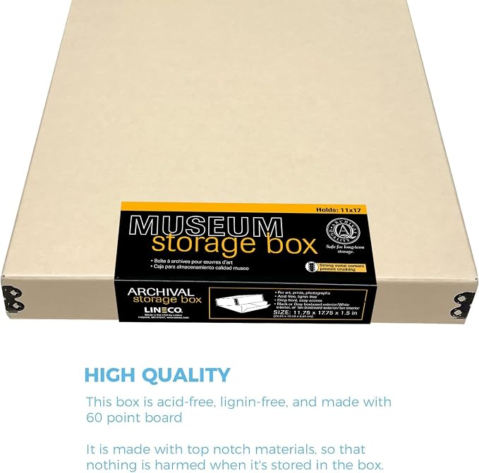 Lineco Museum Archival Storage Box, Drop Front, 11.75x17.75x1.5 in, Tan | Acid-Free with Metal Edge, Preserves Picture Longevity, Organize Photos, Newspapers, Prints, Documents, Crafts, DIY