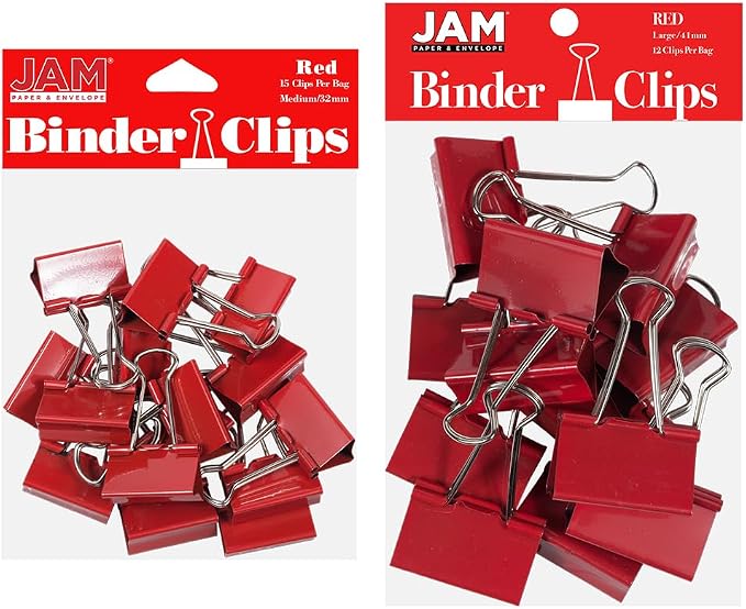 JAM PAPER Colorful Binder Clips Assortment - Medium & Large Size - Red Binderclips - 27 Clips/Pack