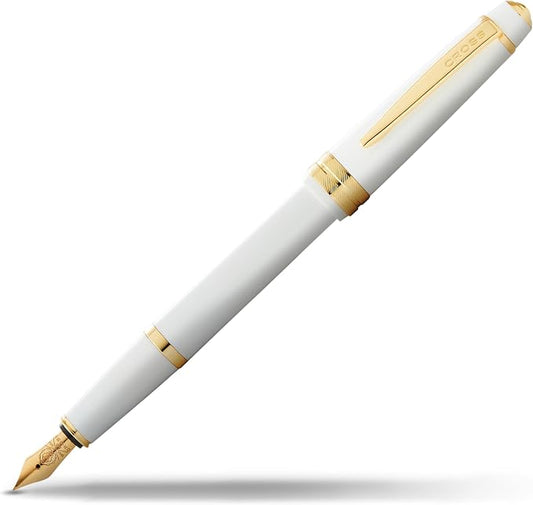 Cross Bailey Light Polished White Resin and Gold Tone Extra-Fine Nib Fountain Pen - Professional Pen for Effortless Writing - Journaling, Note-Taking & More - Black Ink - Easy Handling