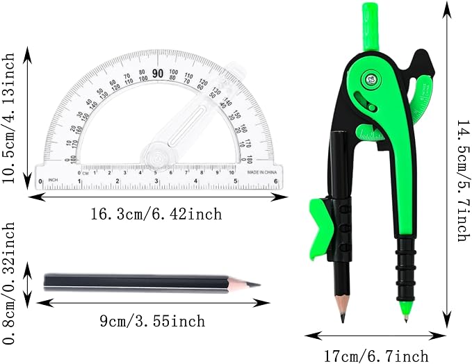 Vobou Compass and Protractor Set, 6 Inch Swing Arm Protractor (Dark Green) | Compasses for Math for Drafting, Sharpener, Eraser and 180 Degree 6 Inch Clear Protractor, Easy Grip, School Supplies