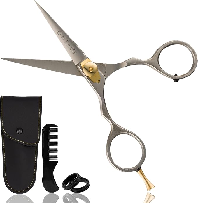 Ontaki Beard & Mustache Scissors for Men - 5.5" Japanese Steel, Silver | Precision Sharp Blades, Ergonomic Finger Rest & Adjustable Tension Screw for Perfect Trimming - Beard Grooming Scissors