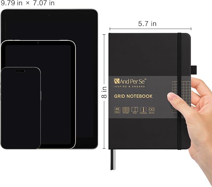 &And Per Se Graph Notebook, 5mm Grid, A5 Hardcover, 160 Pages 100gsm Thick Paper, Grid Journal for Diagrams, Wireframes, CAD Sketches (Black)