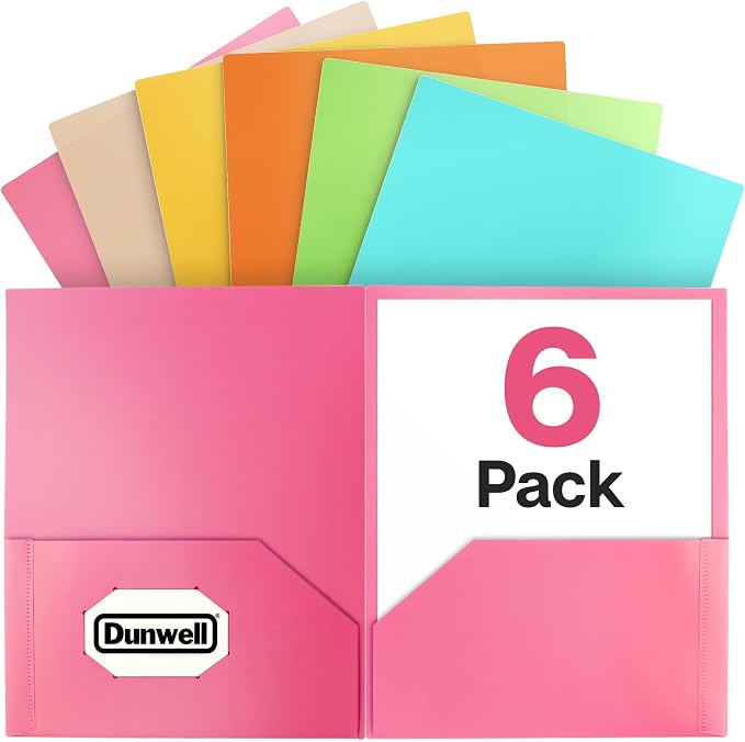 Dunwell Plastic 2-Pocket Folders, (6 Pack) Pastel Colors, 8.5x11 Folders with Pockets, Tear-Resistant Long Lasting Acid-Free Poly, Cleanable, Includes Labels