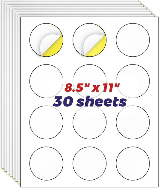 HABGP 2" Round Sticker Labels, Matte Circle Stickers for Inkjet Printer, Printable Blank White Strong Adhesive Labels for Logo, Business, 30 Sheets, 360 Labels