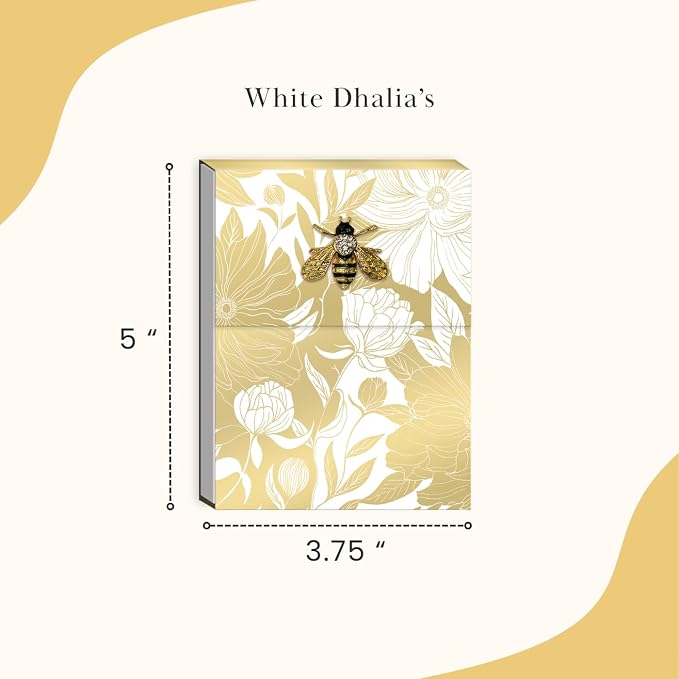 Punch Studio Flip-Top Notepad For Daily Notes or Notes on-the-go, with Magnetic Closure, Brooch Embellishment, Gold-Foil Accents & 75 Illustrated Sheets, 5" x 3.75" - White Dahlias (50440)
