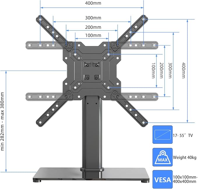 Universal TV Stand Base, Table Top TV Stand for 17-55 Inch LCD/LED TVs, Height Adjustable Monitor Mount Stand with Tempered Glass Base Holds up to 88lbs VESA 400x400mm, TS102