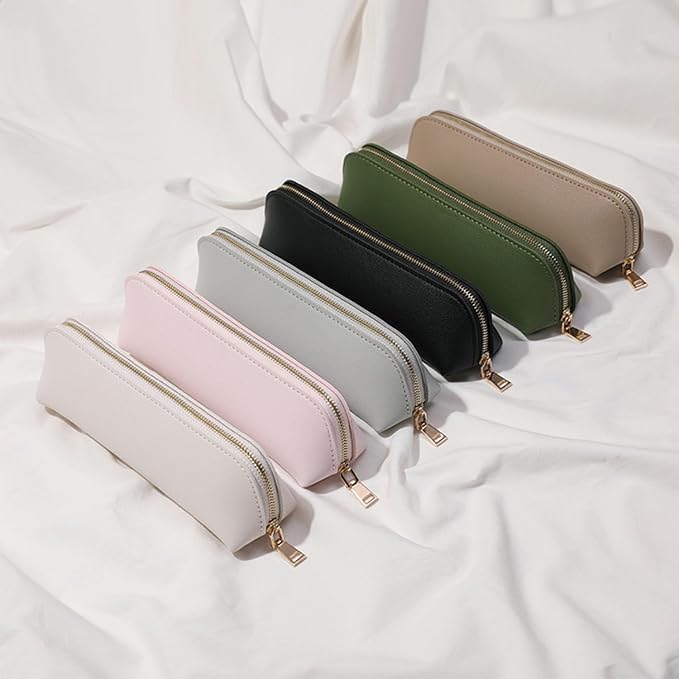 Pencil Case Small Pencil Pouch Slim (Beige, Faux Leather)