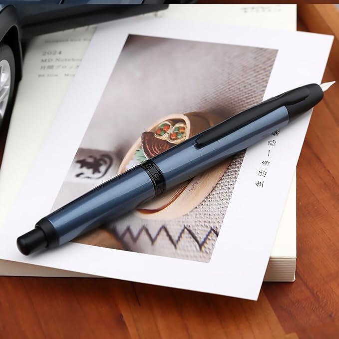 erofa Majohn A1 Press Fountain Pen Fine Nib with Box, Retractable Blue Metal Ink Pen with Converter Writing Set (Black Clip Version)