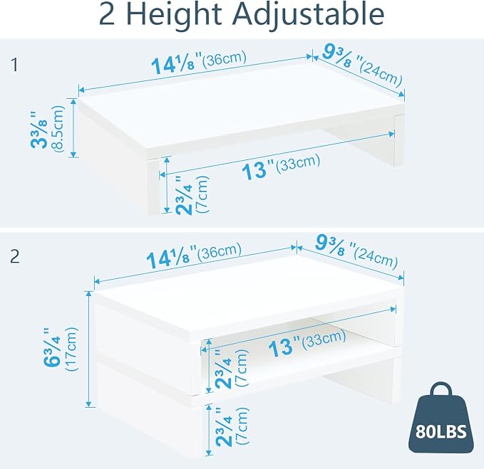 TEAMIX White Monitor Stand Riser - 2 Pack, Wood 2 Tier Adjustable Dual Monitor Riser for Laptop/PC Computer Stand for Desk