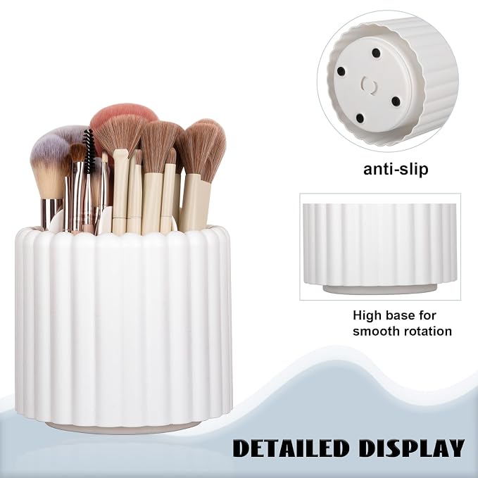 Rotating Makeup Brush Holder Organizer with Removable Dividers, White | 7 Slots Make Up Brush Organizer with Drawer 360 Spinning Cosmetic Storage Pen Holder for Desk, Vanity, Dresser