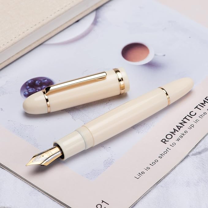 Jinhao X159 Ivory White Acrylic Fountain Pen, Size 8 Extra Fine Nib Gold Trim Classic Design Smooth Writing Pen with Converter