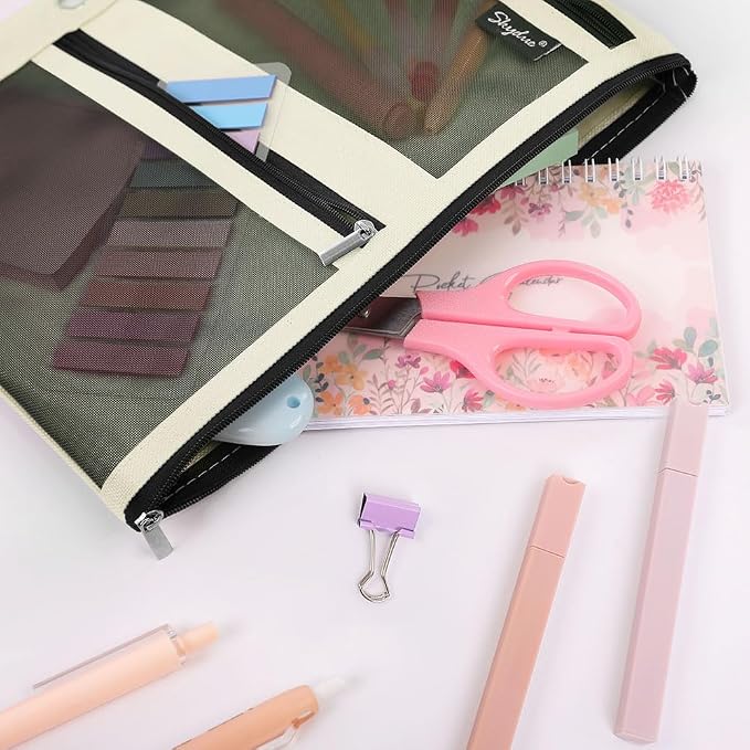 SKYDUE 3 Ring Pencil Pouch for Binder, Zipper Binder Pencil Pouch with 3 Pockets and Mesh Window, Durable Organizer for School Supplies, Cables, Earbuds, Makeup