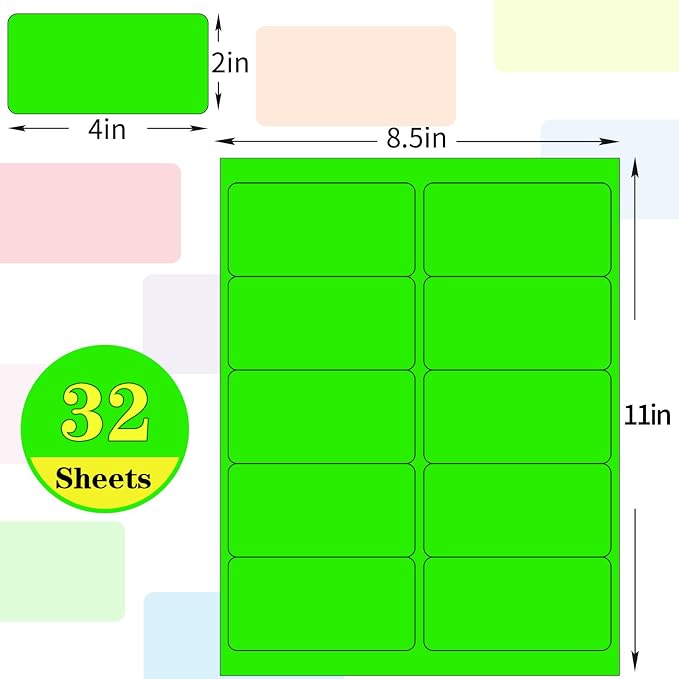 2" x 4" Colored Labels Stickers 8 Colors Bright Moving Labels for Boxs 32 Sheets,320 Labels for Laser/Inkjet Printer, Permanent Adhesive
