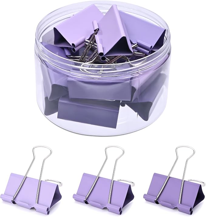 Temiary Aesthetic Binder Clips, Large Metal Binder Clip with Clear Storage Container, Binding Paperwork Clamps for School Teachers Office Supplies (Purple 2 Inch, 12P)