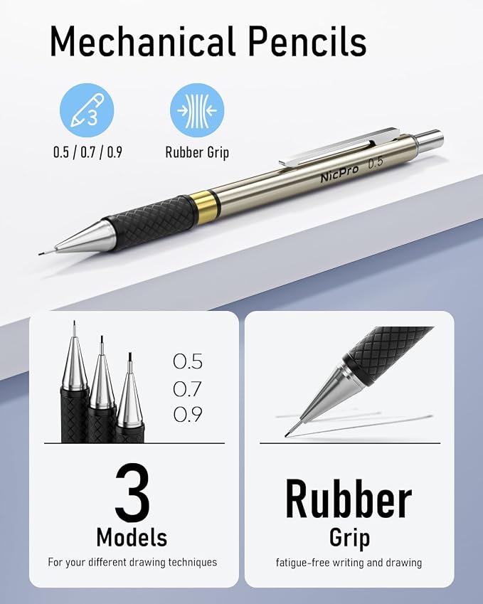 Nicpro 35PCS Gold Art Mechanical Pencils Set, 3 PCS Metal Drafting Pencil 0.5 mm & 0.7 mm & 0.9 mm & 3 PCS 2mm Lead Holder (6B 4B 2B HB 2H 4H Colors) For Sketching Drawing With 20 Tube Lead Refills