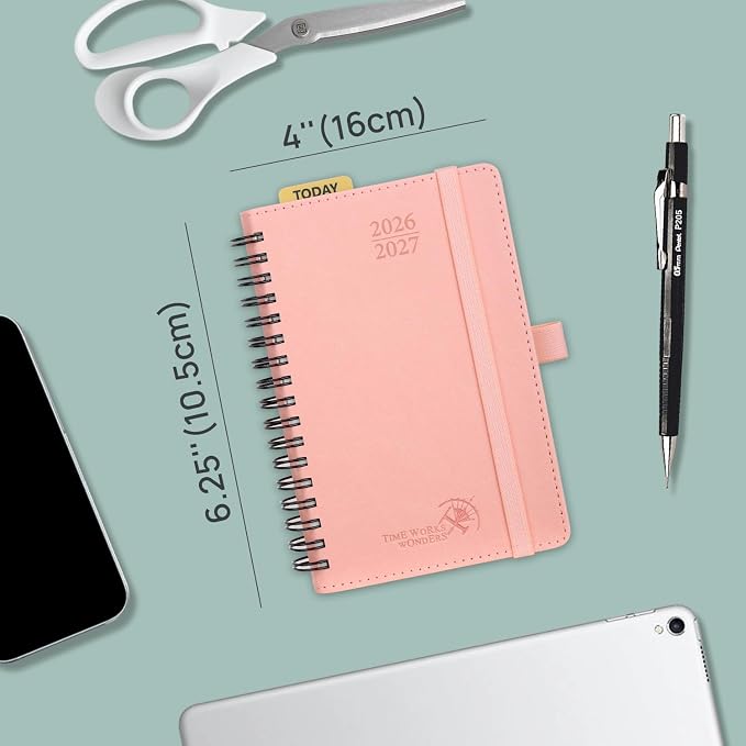 POPRUN Pocket Planner 2026-2027 (Size 4''x6.25'') Academic Pocket Calendar | Weekly Planner, Small Calendar Book(July 2026 - June 2027) with Hourly Time Slots, Spiral Leather Cover - Burgundy