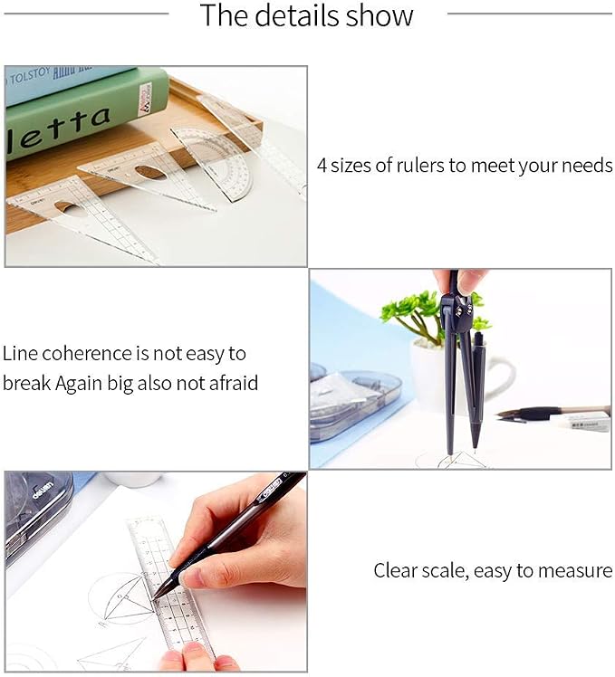 Math Geometry Kit Set 8 Pieces Student Supplies with Shatterproof Storage Box,Includes Rulers,Protractor,Compass,Pencil Lead Refills,Pencil,Eraser.for Students and Engineering Drawings