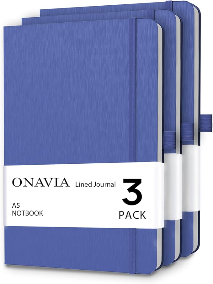 ONAVIA A5 Notebooks for Work, Lined Journal, 3 Pack, 160 Pages, Blue | 80 Sheets, 5.8 x 8.3 in, Lay Flat, College Ruled, A5 Hardcover Journal, Lined Notebook for Work, School, Note Taking