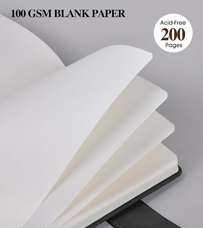 PAIBAS Blank Journal Notebook, A5 Hardcover Leather Sketchbook with 200 Pages Thick Blank Paper for Men Women, Unlined Drawing & Writing Journal, 5.9" x 8.4" Plain Notebook (black)