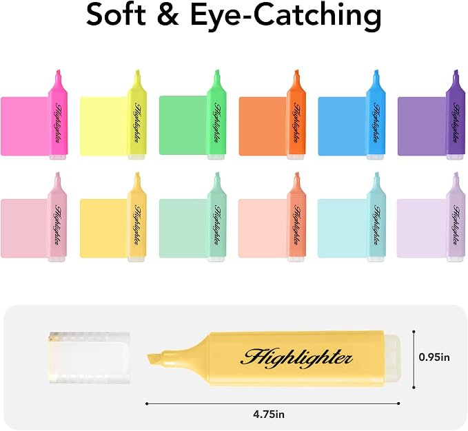 12 Pastel Highlighters, Quick-Dry Chisel Tip Markers | Soft Macaron Colors | Water-Based for Notes, Journals, Planners & Office