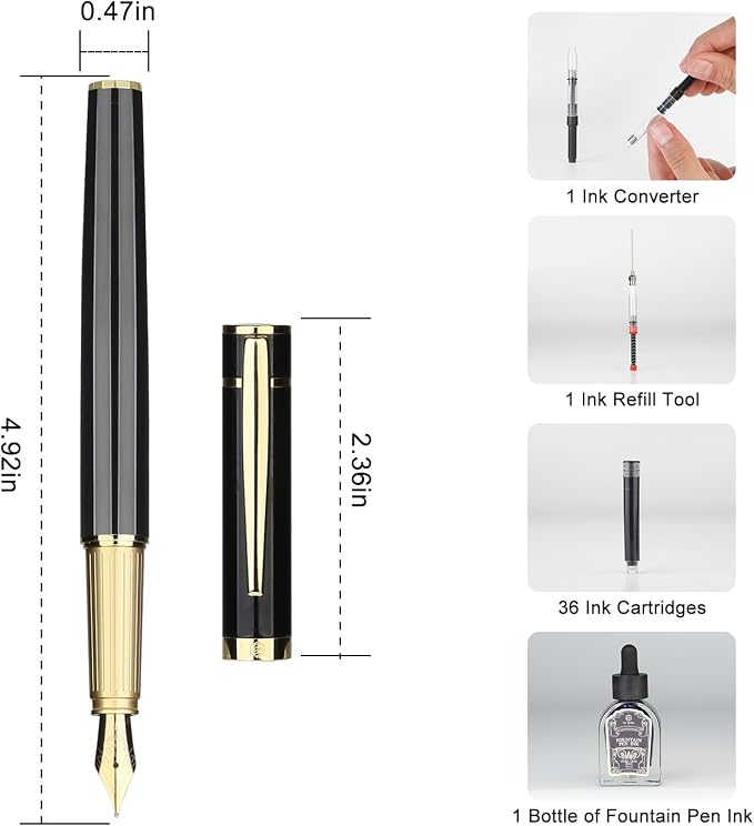 Fountain Pen Set, Elegant Executive Fine Nib Pen with Ink Converter, Refill Tool, Black & Assorted Cartridges, Bottled Ink, Gift for Journaling, Writing, Office and Beginners (Black & Gold)