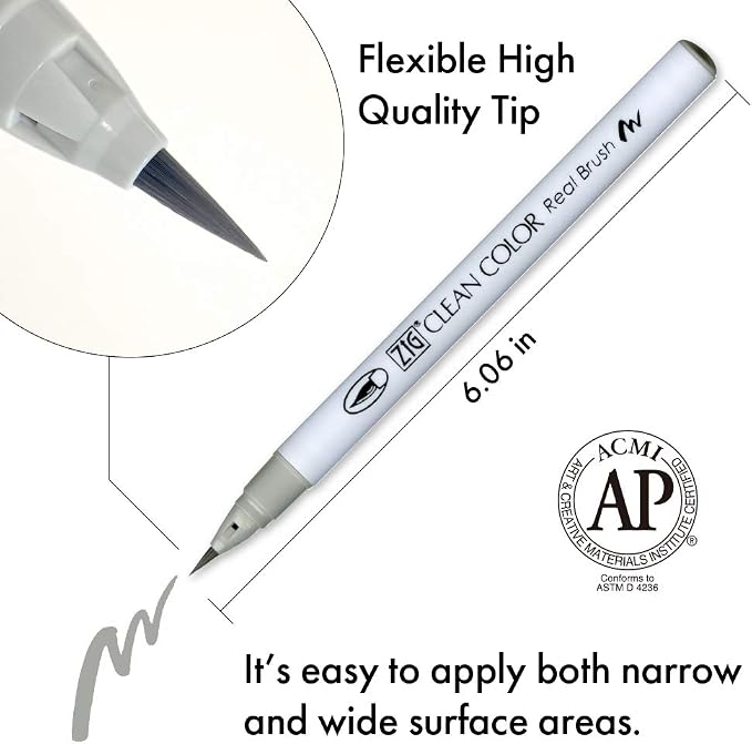 Kuretake ZIG Clean Color Real Brush Marker, Flexible Brush Tips, Watercolor Pens for Painting, Drawing, Calligraphy and Brush Lettering for Artists, Made in Japan (6 Cool Gray Colors set)