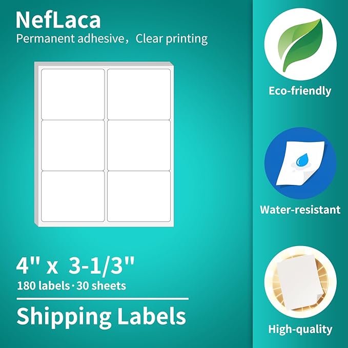 White Shipping Labels, 30 Sheets (180 Labels), 3-1/3" x 4", Address Labels, Laser & Inkjet Printers Compatible