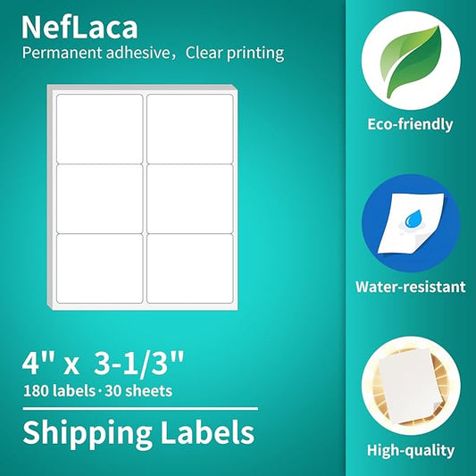 White Shipping Labels, 30 Sheets (180 Labels), 3-1/3" x 4", Address Labels, Laser & Inkjet Printers Compatible